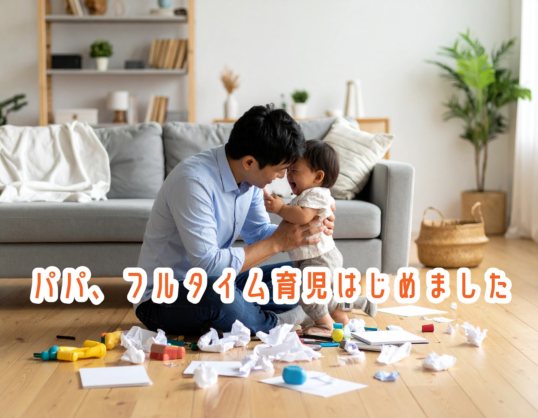 泣いている娘と育児に奮闘するパパ